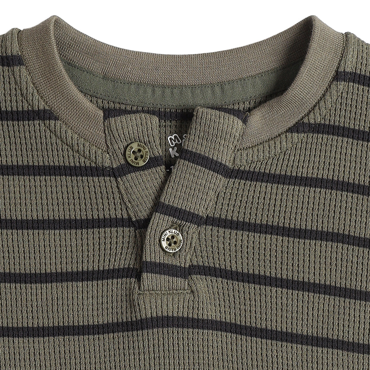 Baby Boys Olive Green Cotton Striped T-Shirt Regular Fit Casual Kids T-Shirt