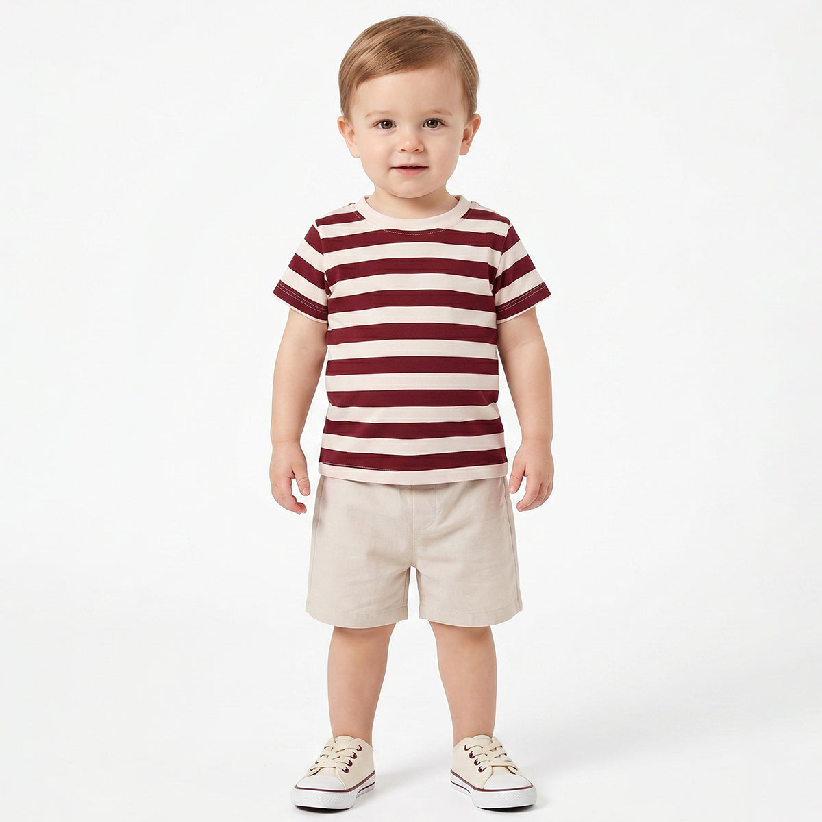 Baby Boys Maroon and Cream Striped Cotton T-Shirt Regular Fit Casual Baby T-Shirt