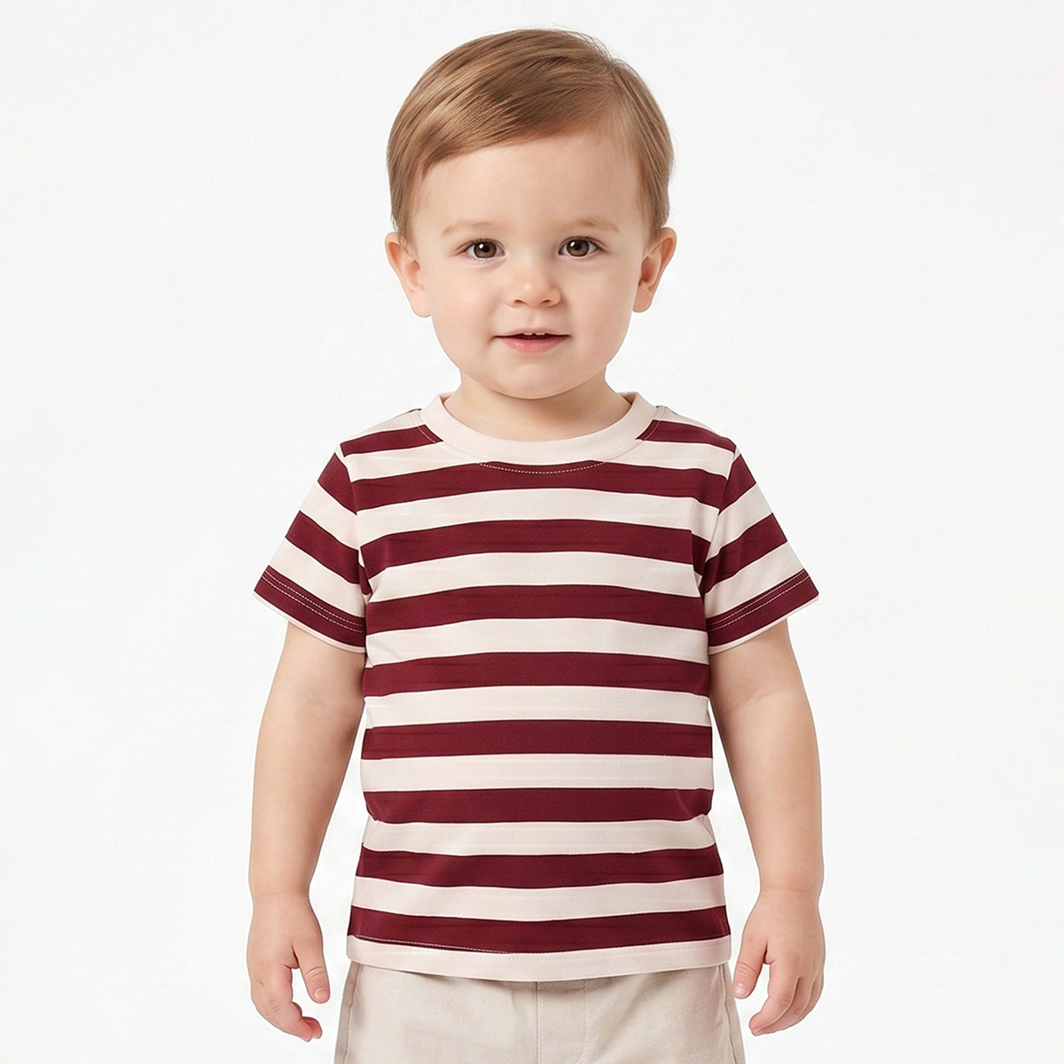 Baby Boys Maroon and Cream Striped Cotton T-Shirt Regular Fit Casual Baby T-Shirt