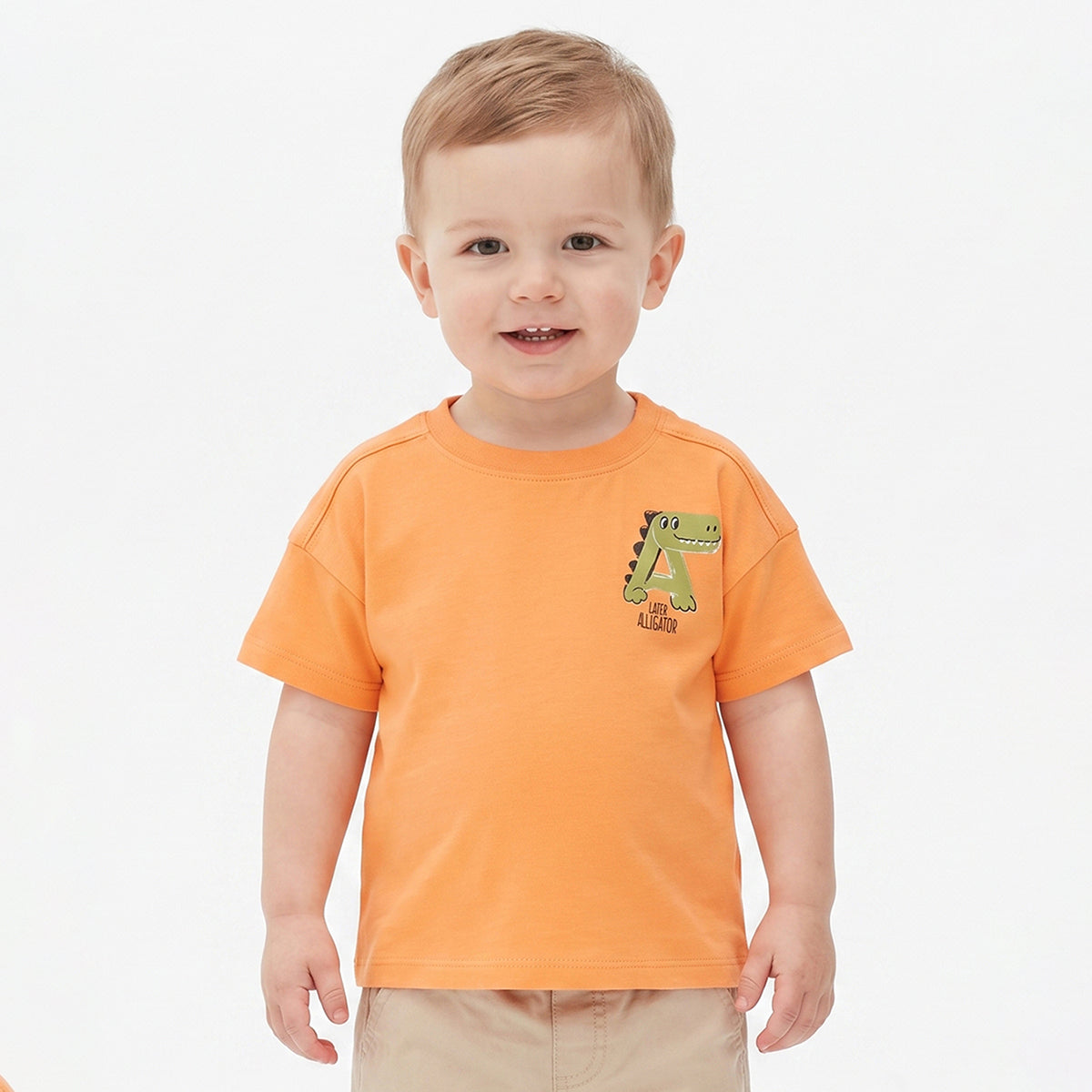 Baby Boys Orange Cotton Printed T-Shirt Regular Fit Casual Wear
