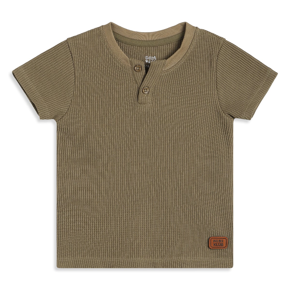 Baby Boys Olive Green Cotton Textured Henley T-Shirt Regular Fit Casual Wear