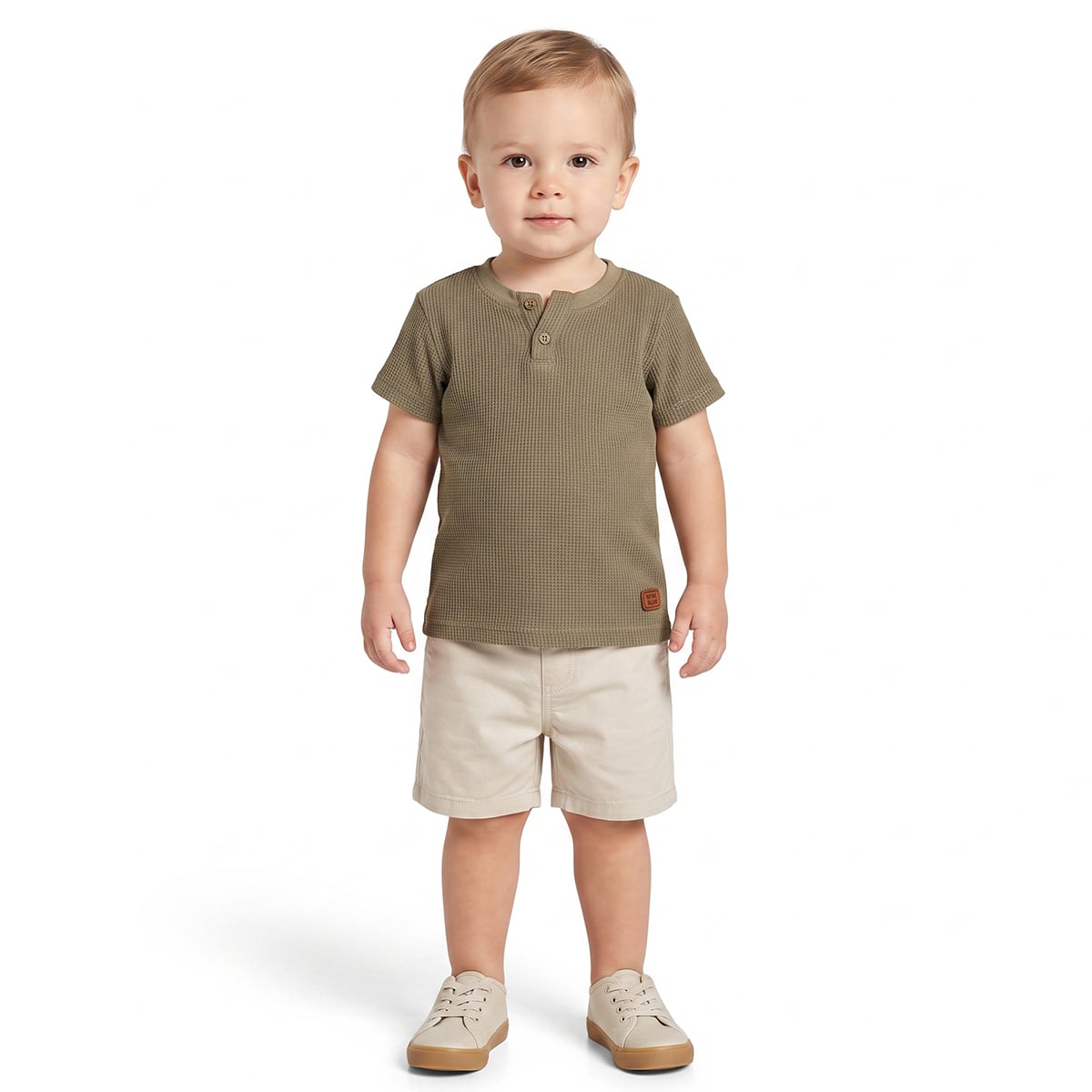 Baby Boys Olive Green Cotton Textured Henley T-Shirt Regular Fit Casual Wear