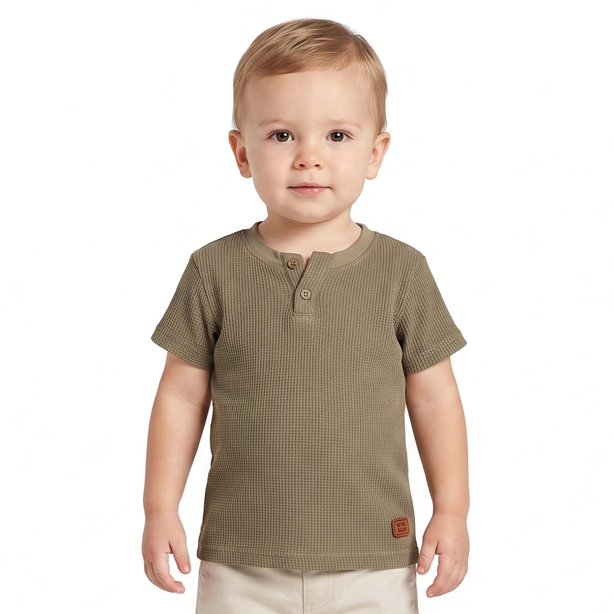 Baby Boys Olive Green Cotton Textured Henley T-Shirt Regular Fit Casual Wear
