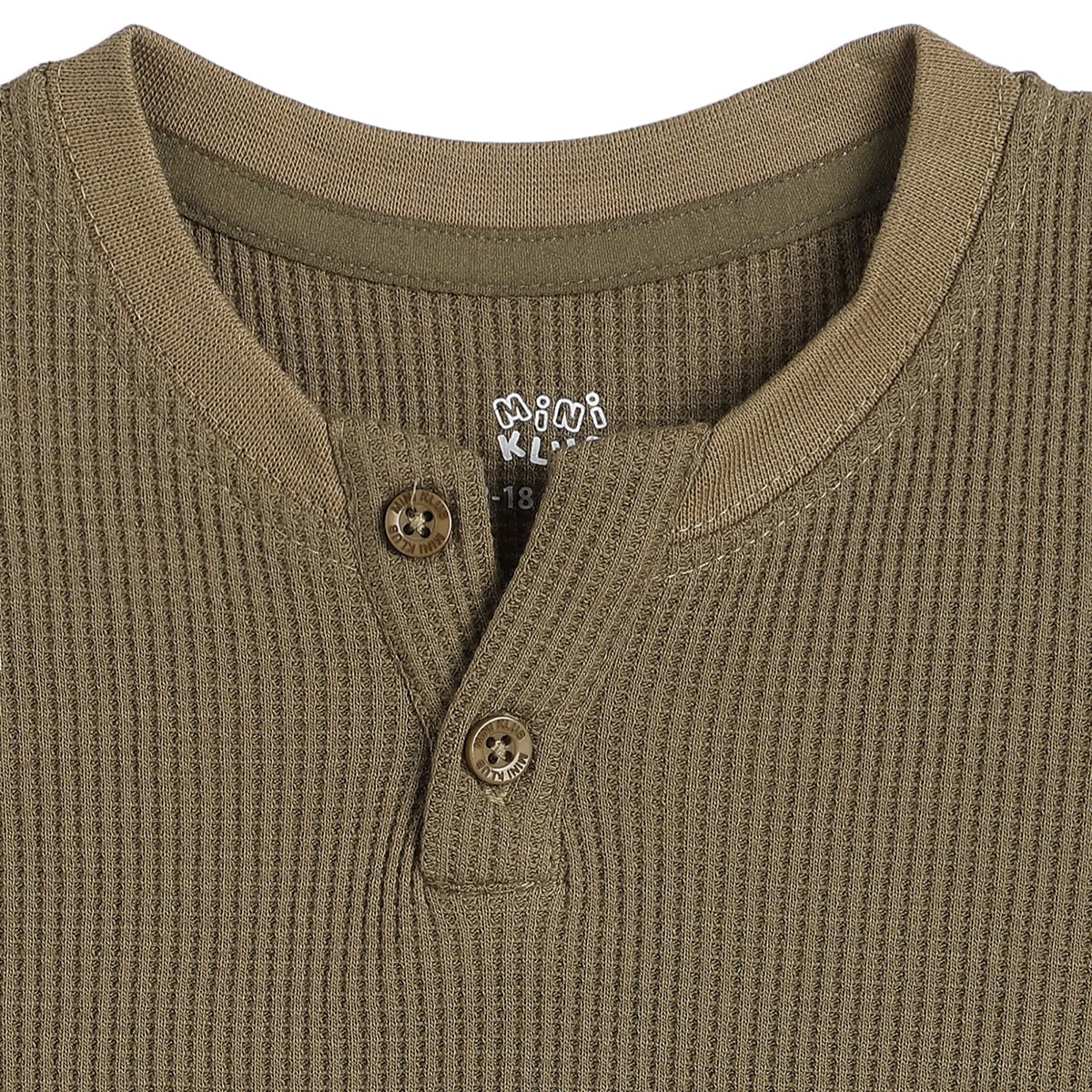 Baby Boys Olive Green Cotton Textured Henley T-Shirt Regular Fit Casual Wear