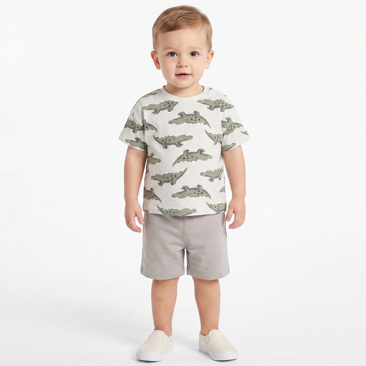 Baby Boys Off-White Cotton Crocodile Print T-Shirt Regular Fit Casual Wear