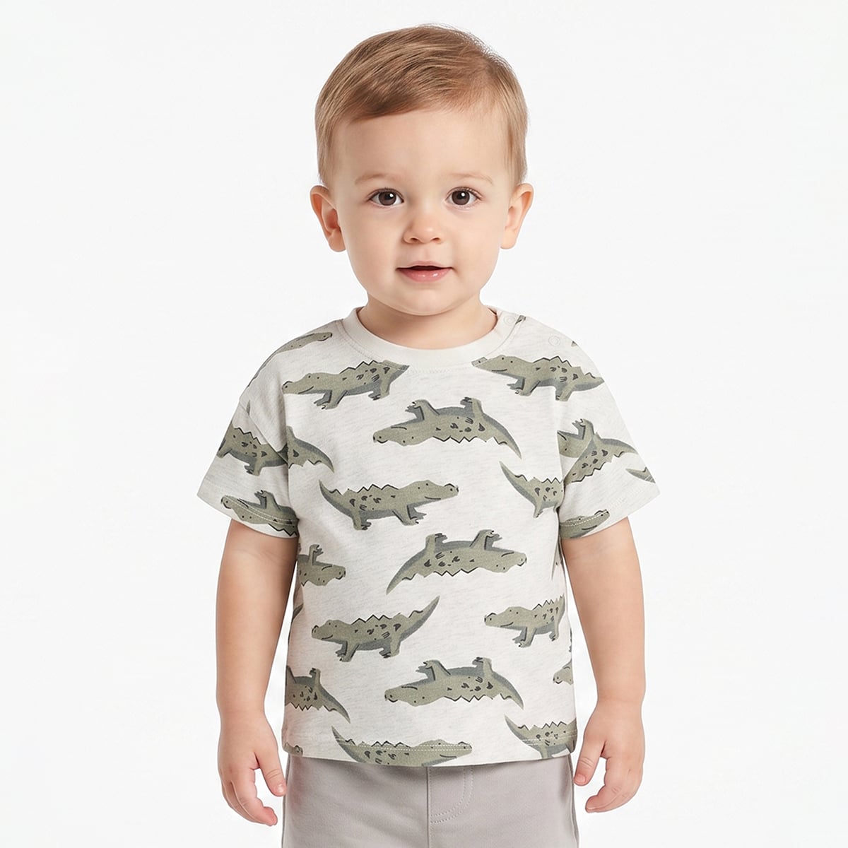 Baby Boys Off-White Cotton Crocodile Print T-Shirt Regular Fit Casual Wear
