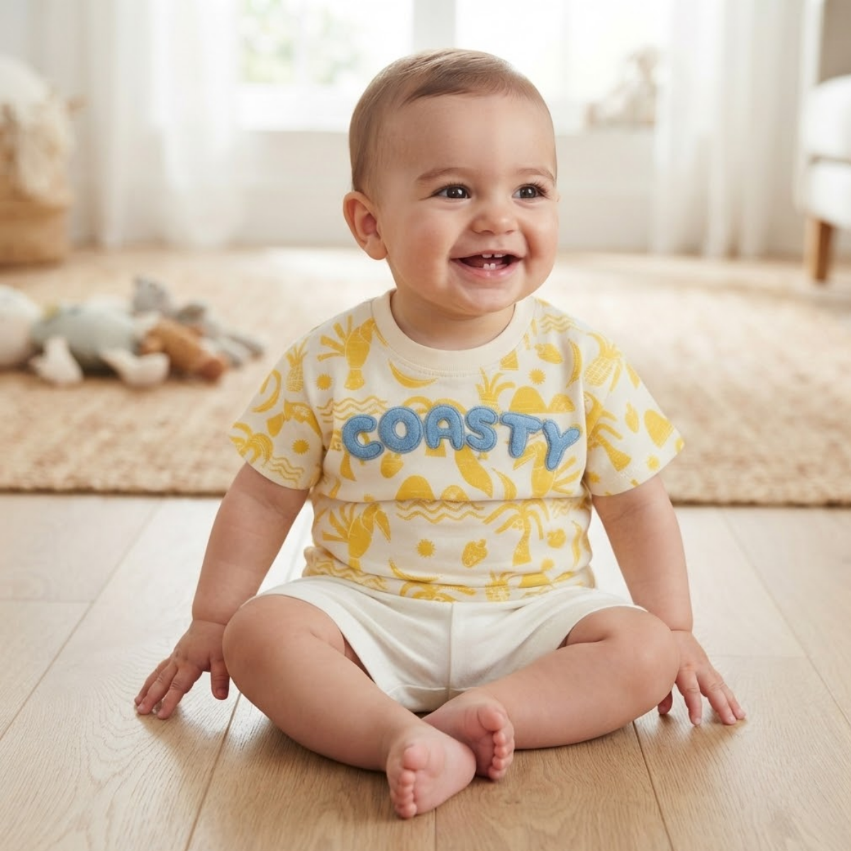 Baby Boys Ivory and Yellow Cotton Tropical Print T-Shirt Regular Fit Casual Wear