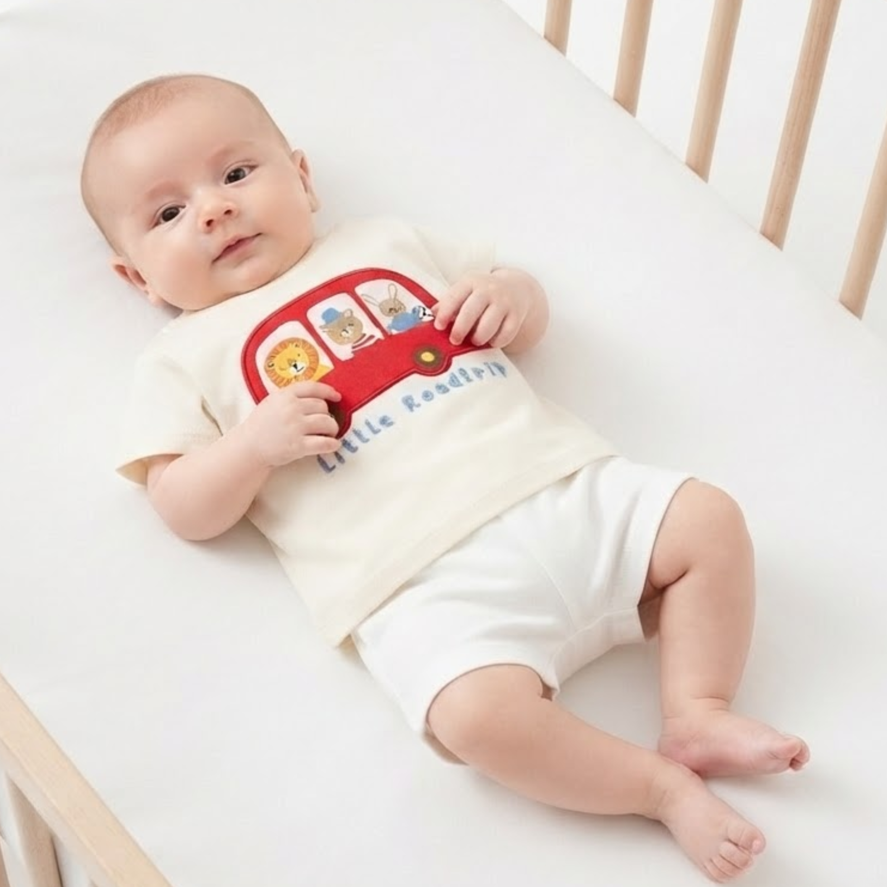 Baby Boys Off-White Cotton Animal Car Graphic T-Shirt Regular Fit Casual Wear