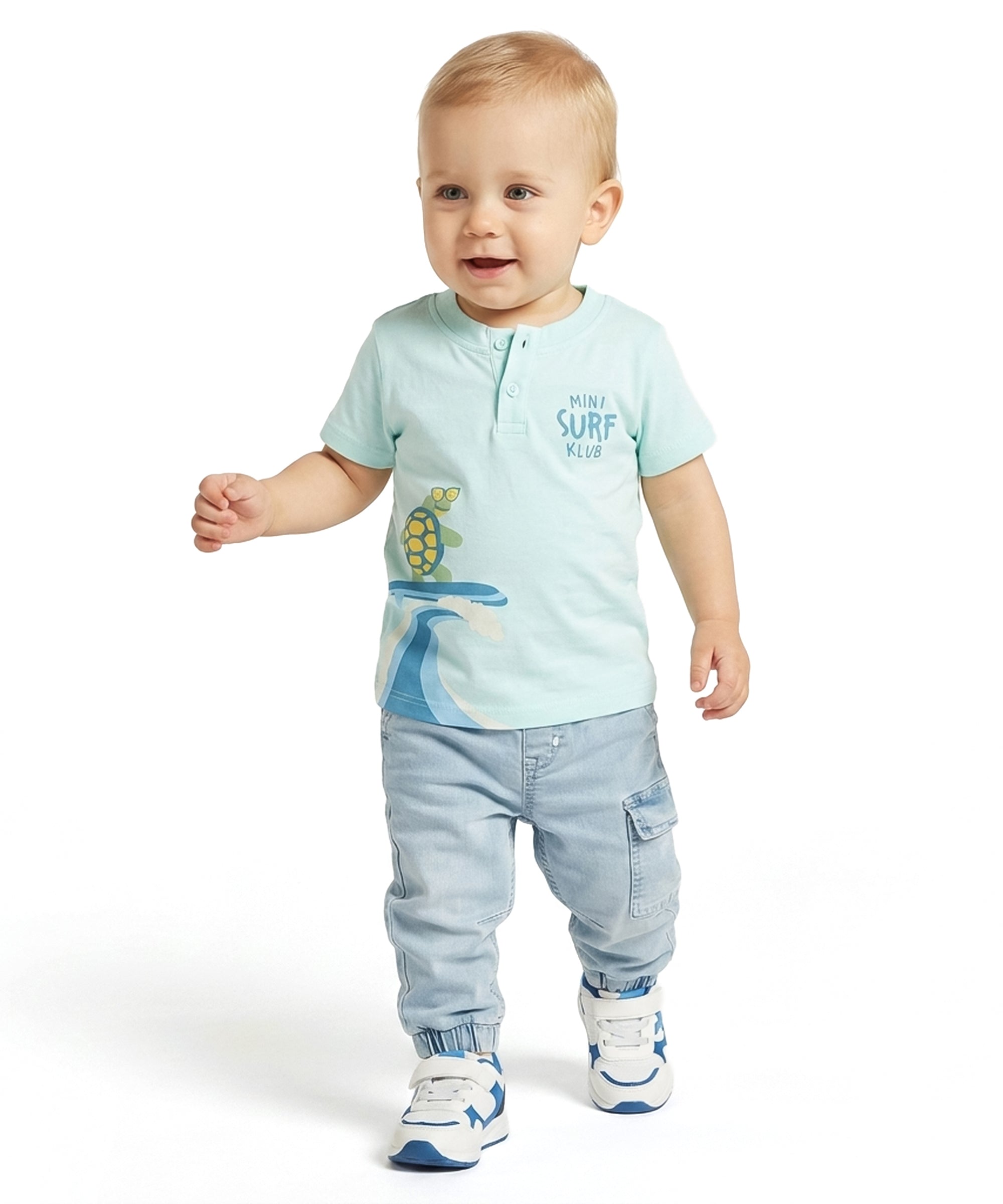 Baby Boys Turtle Print Henley T-Shirt, Aqua Blue