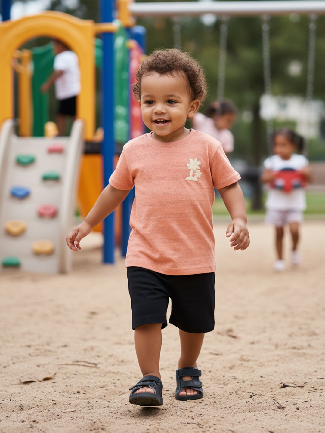 Boys Tree Embroidery On Chest T-Shirt, Peach