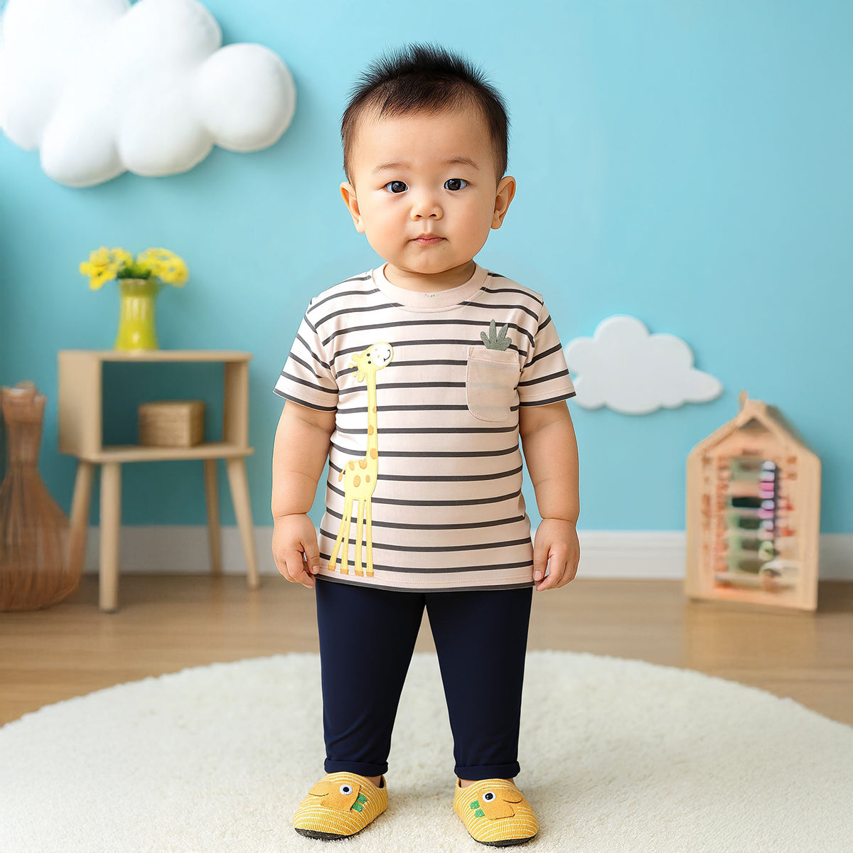 Baby Boys Striped Giraffe Print T-shirt, Beige and Brown