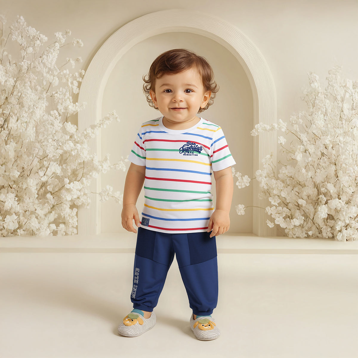 Baby Boys Striped T-shirt, White with Multicolour Stripes