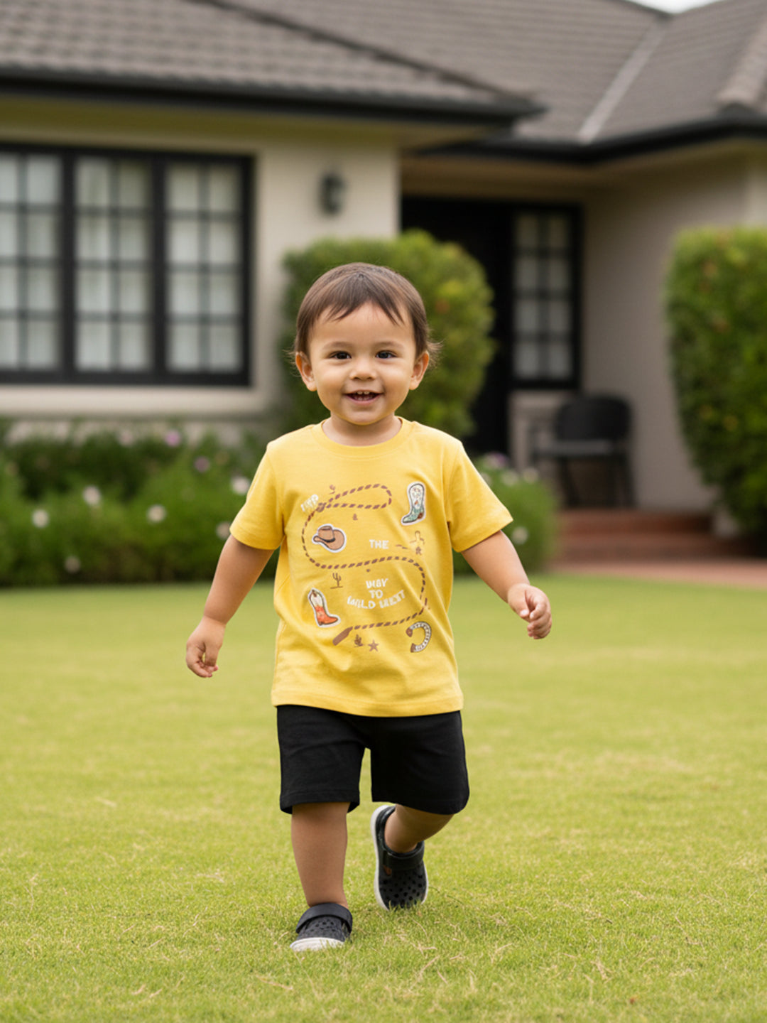 Boys Wild West Print On Chest T-Shirt, Yellow