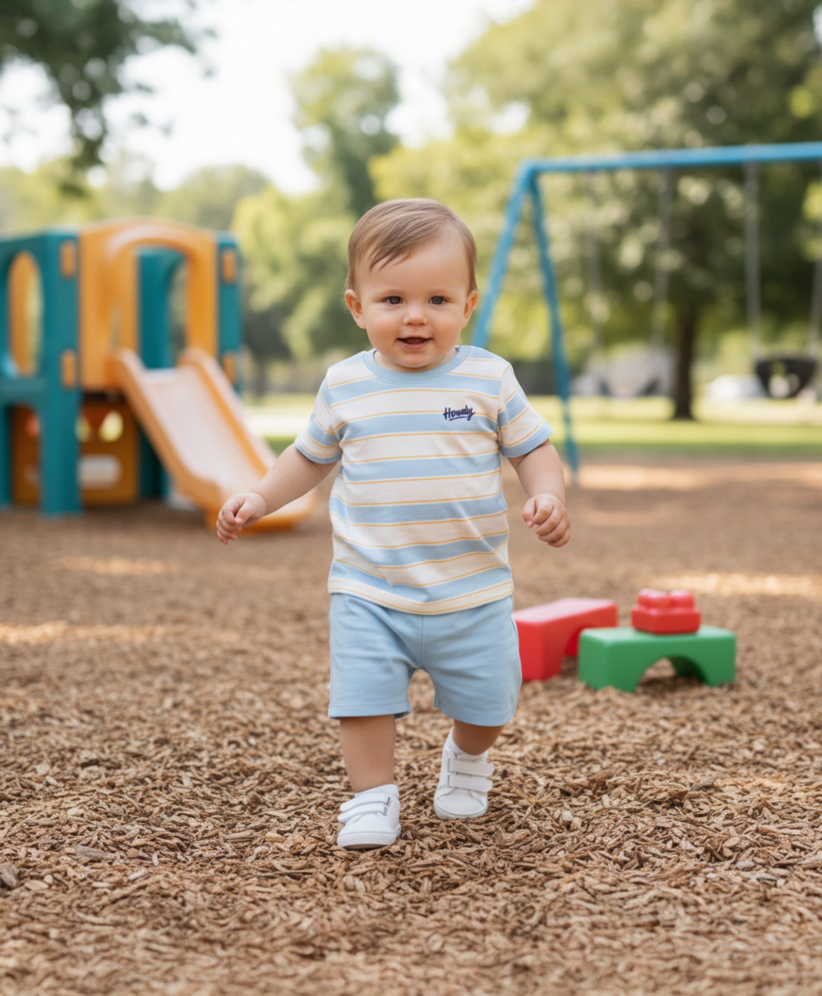 Baby Boys Striped T-Shirt with Text Print, Blue and White