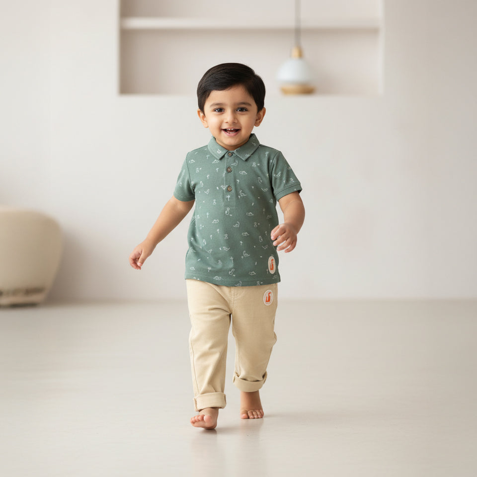 Child wearing a green shirt and beige pants in a minimalistic room.