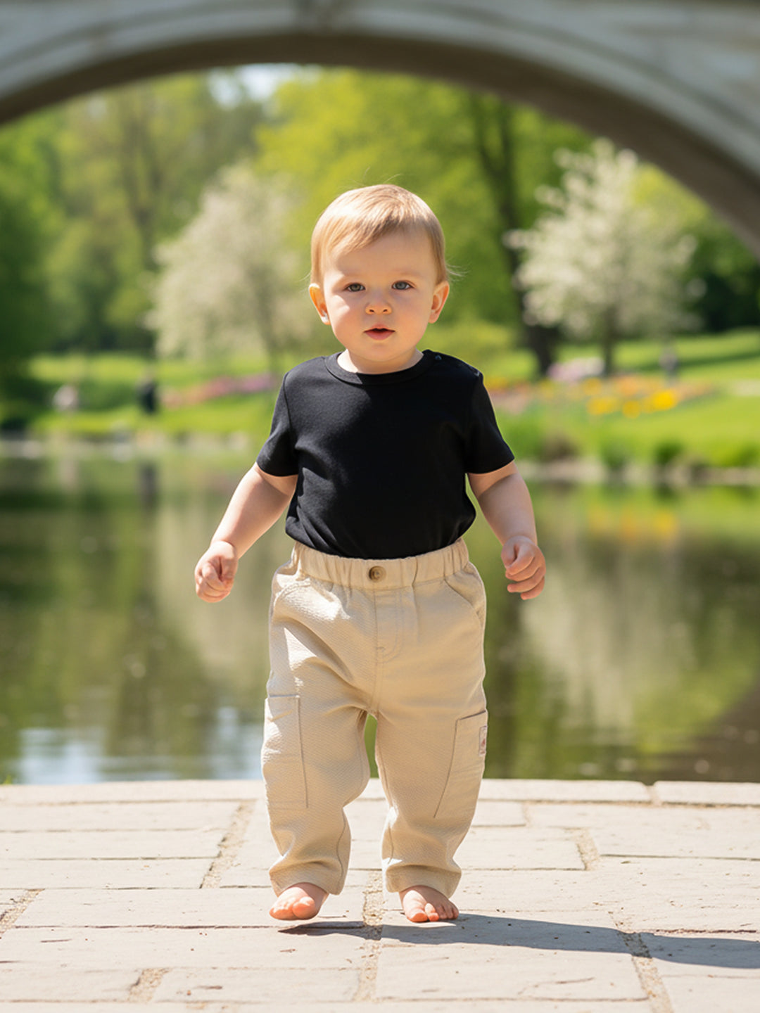 Boys Solid Cargo Pants With Utility Pockets, Beige