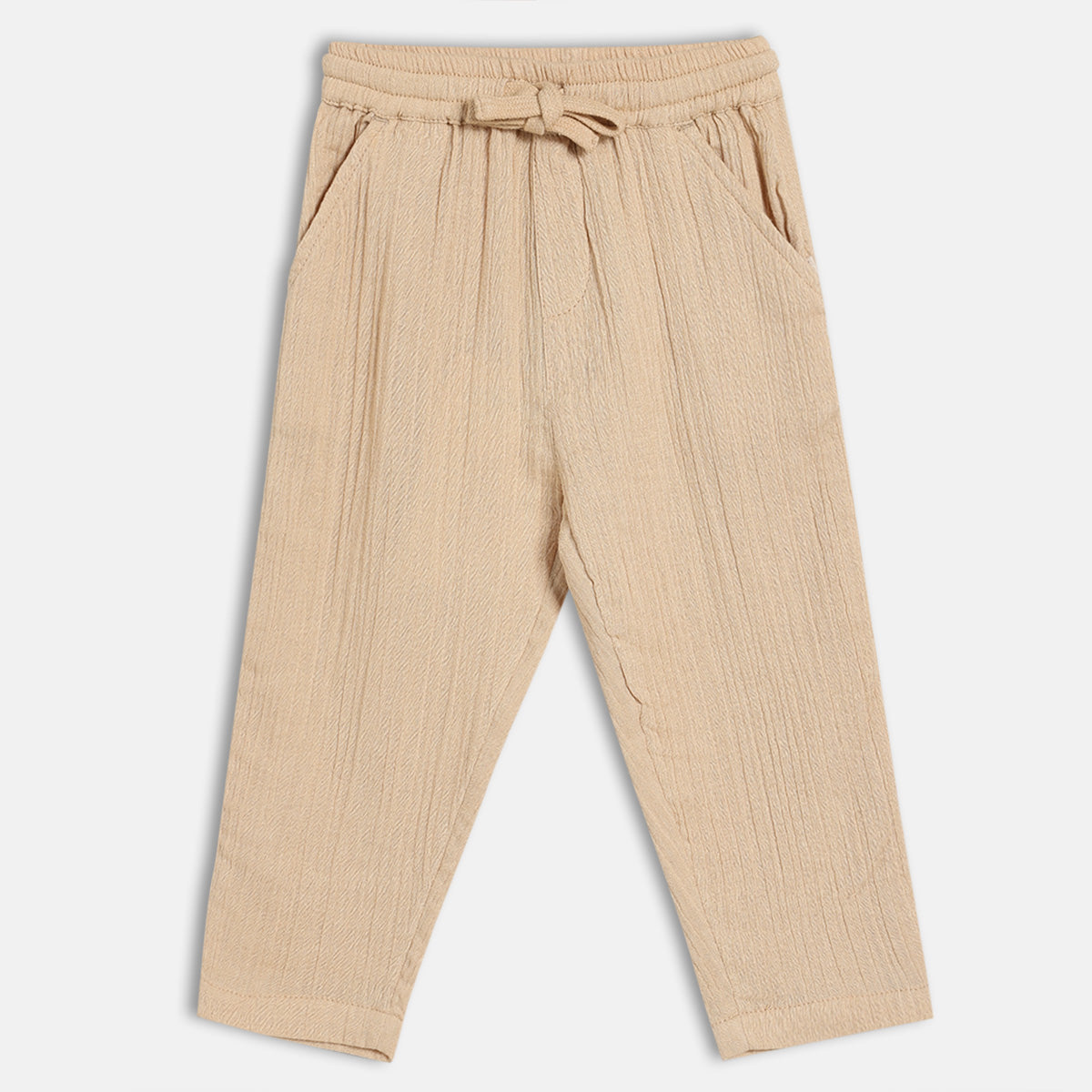 Boys Solid Textured Woven Pants with Drawstring Waist, Beige