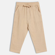 Boys Solid Textured Woven Pants with Drawstring Waist, Beige