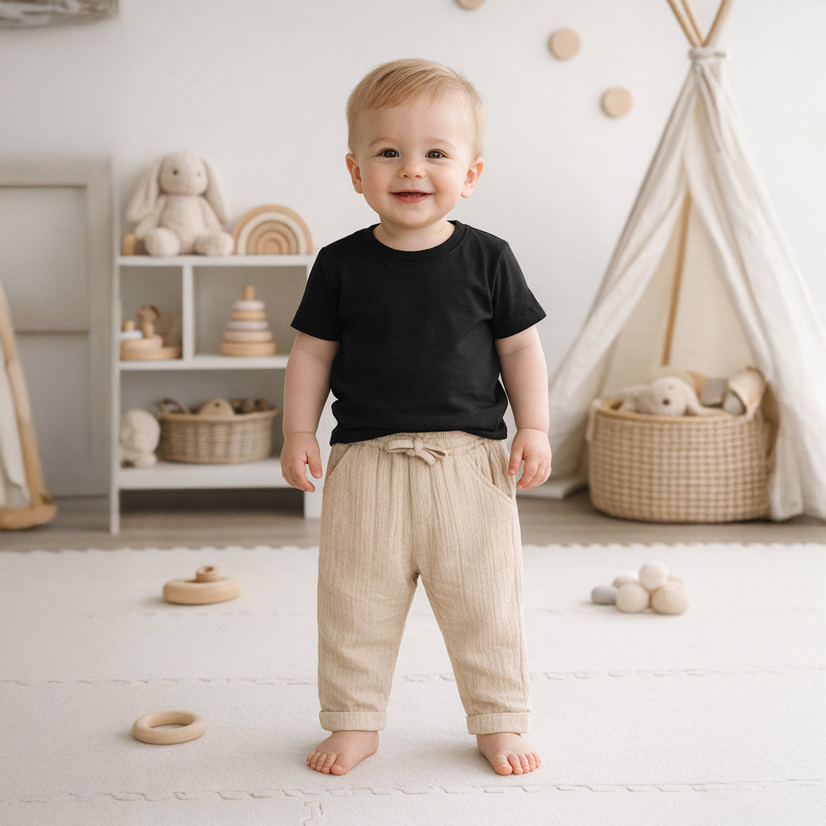 Boys Solid Textured Woven Pants with Drawstring Waist, Beige