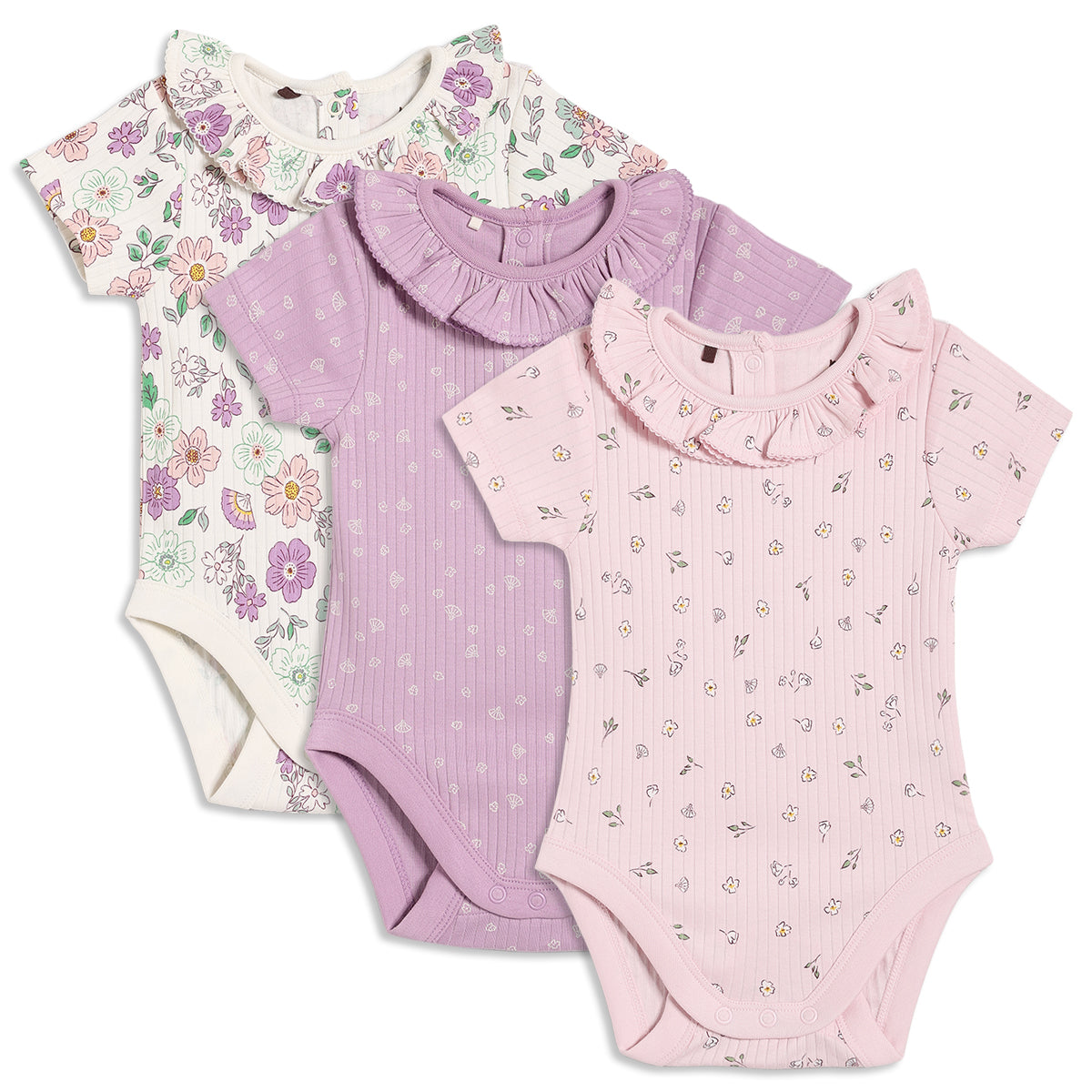Baby Girls Floral Printed Bodysuits Pack of 3, Pink and Lilac