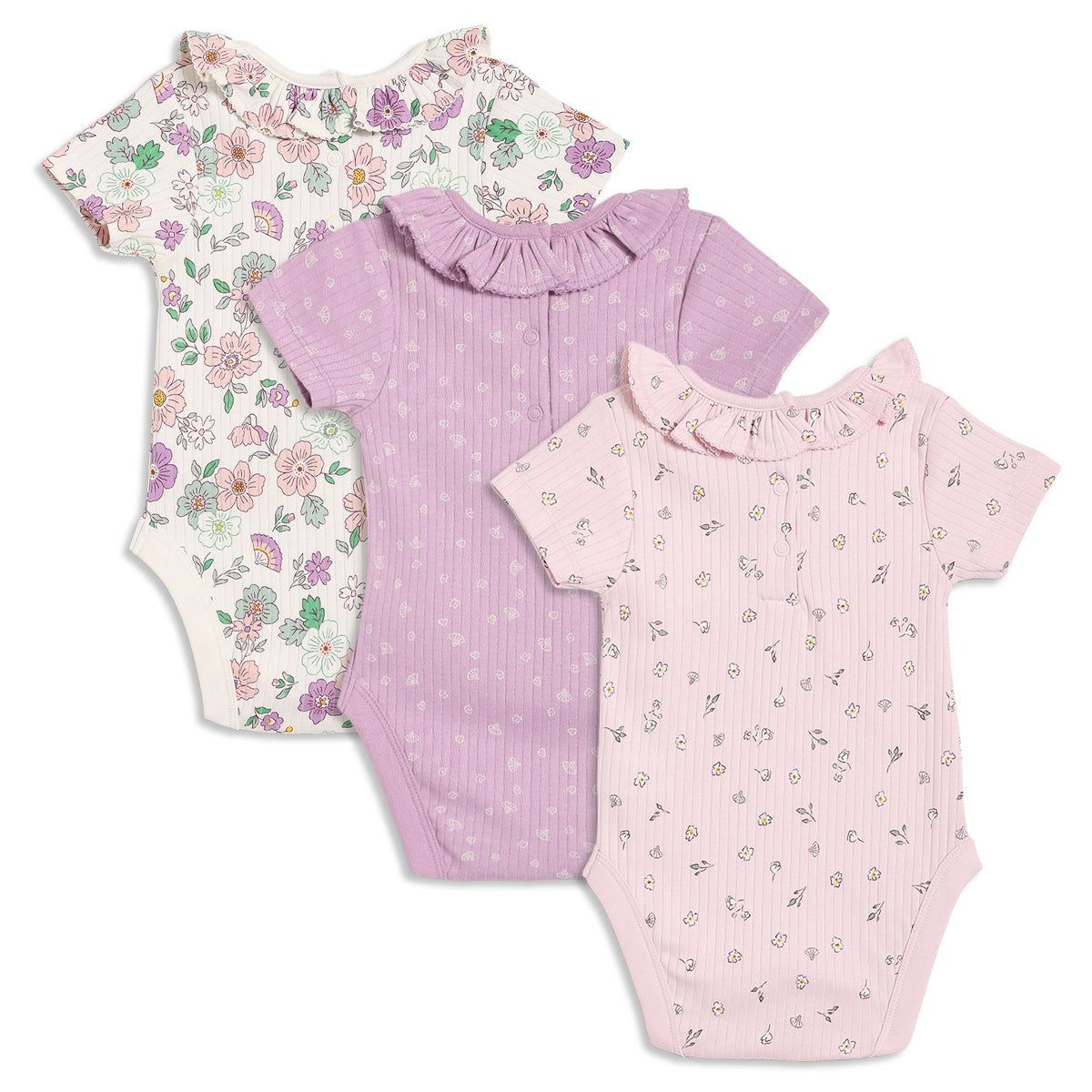 Baby Girls Floral Printed Bodysuits Pack of 3, Pink and Lilac