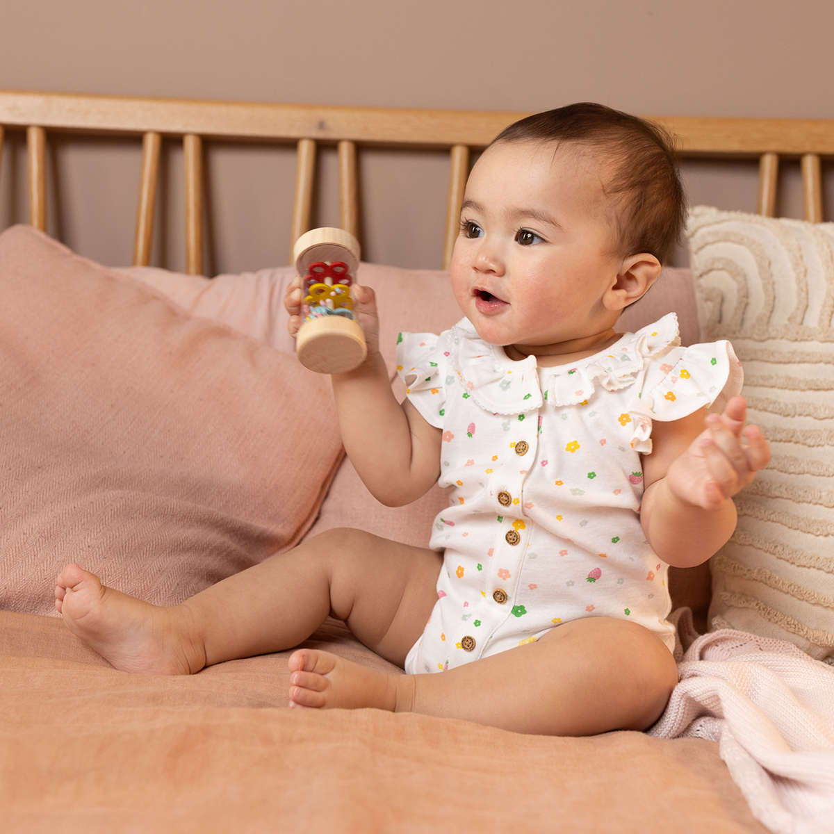 Baby Girls Floral Print Button Front Bodysuit, White