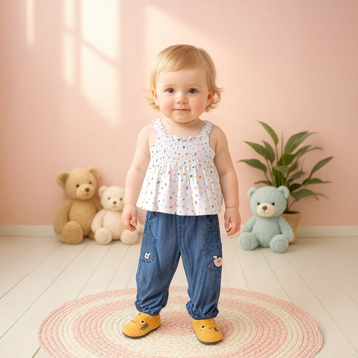 Baby Girls Embroidered Cargo Denim Pants, Blue