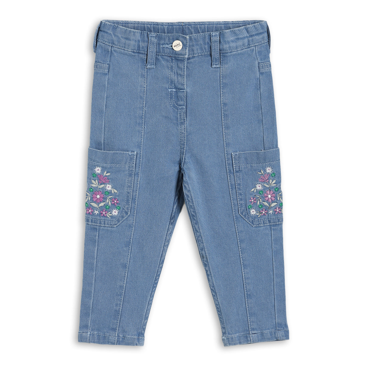 Baby Girls Floral Embroidered Denim Pant, Blue