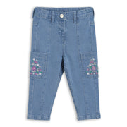 Baby Girls Floral Embroidered Denim Pant, Blue