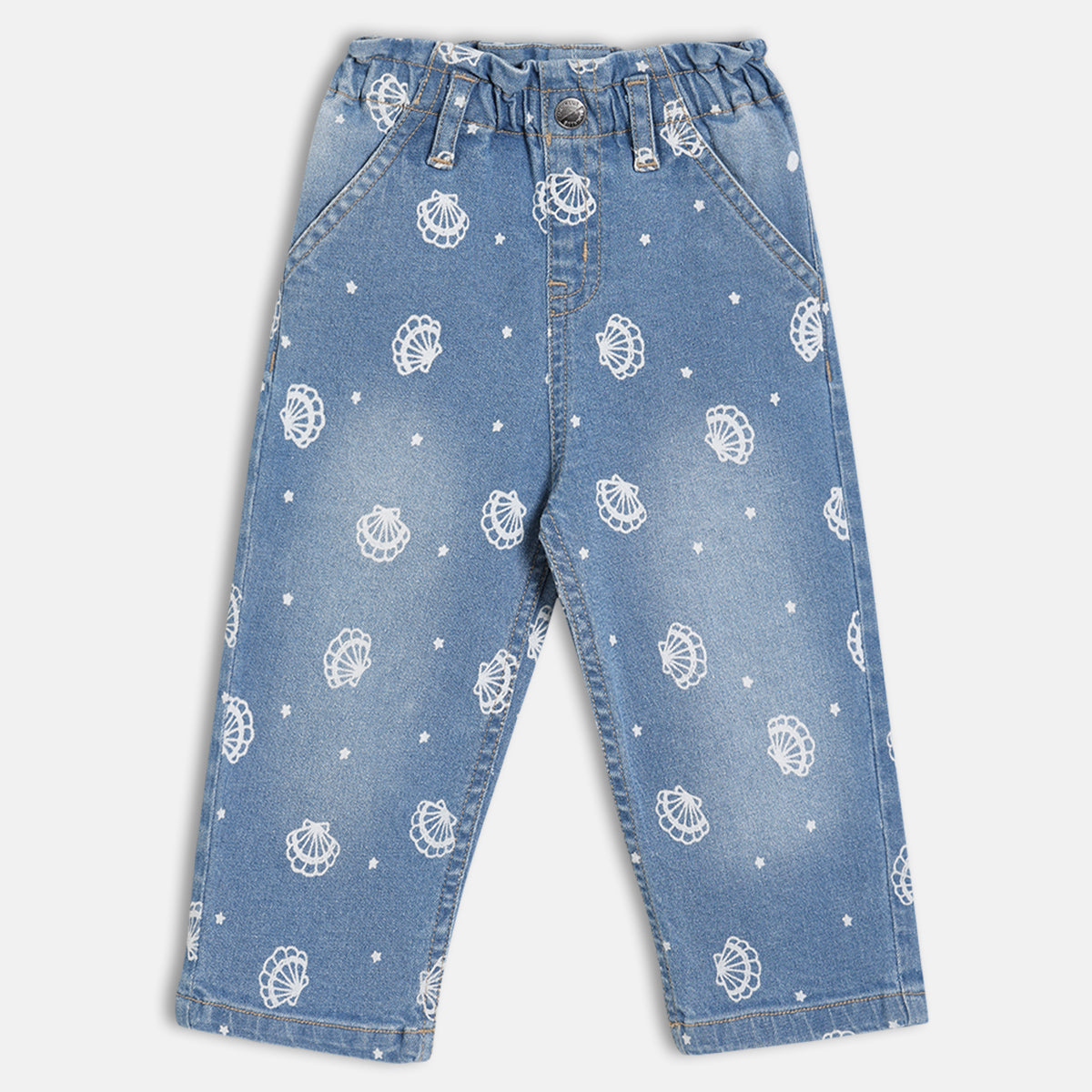 Girls Printed Denim Pants With Elasticated Waist, Blue