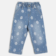 Girls Printed Denim Pants With Elasticated Waist, Blue