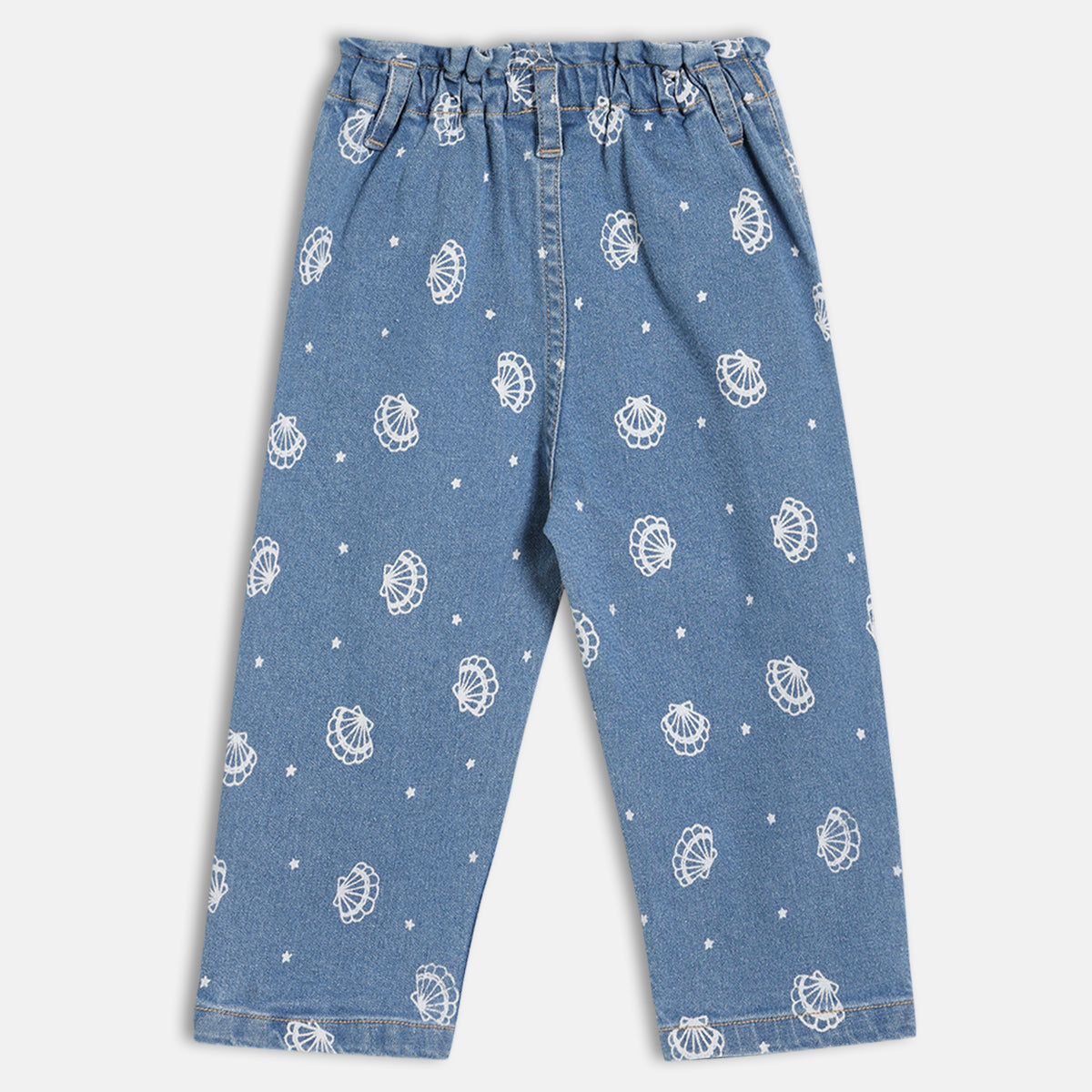 Girls Printed Denim Pants With Elasticated Waist, Blue