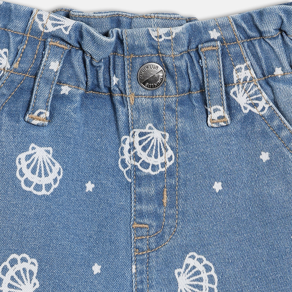 Girls Printed Denim Pants With Elasticated Waist, Blue