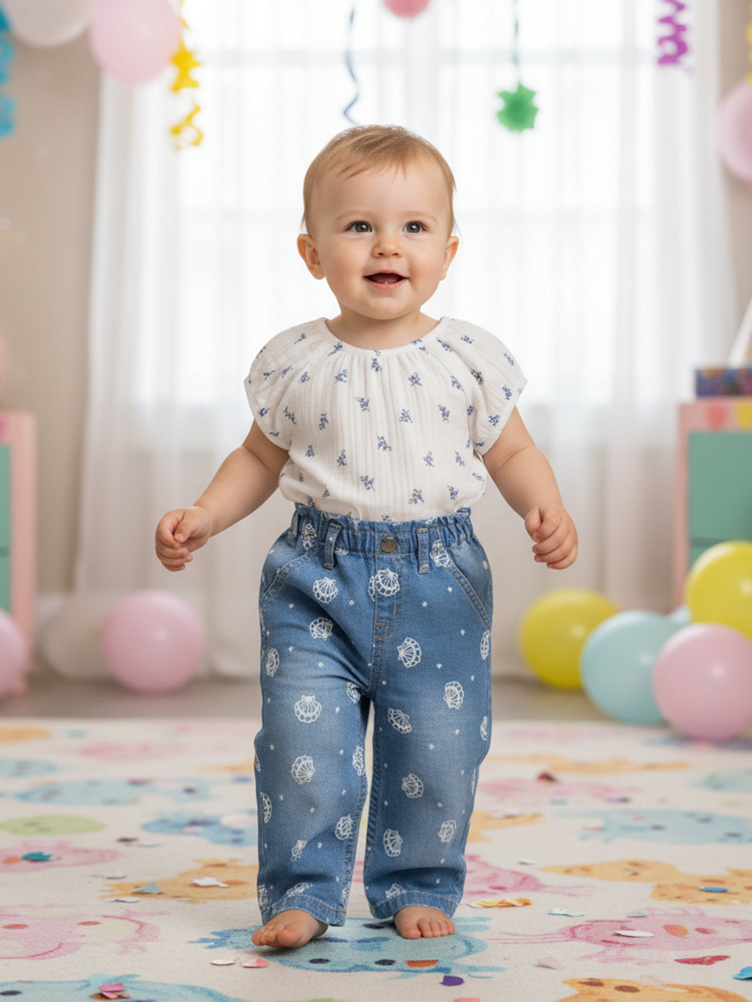 Girls Printed Denim Pants With Elasticated Waist, Blue