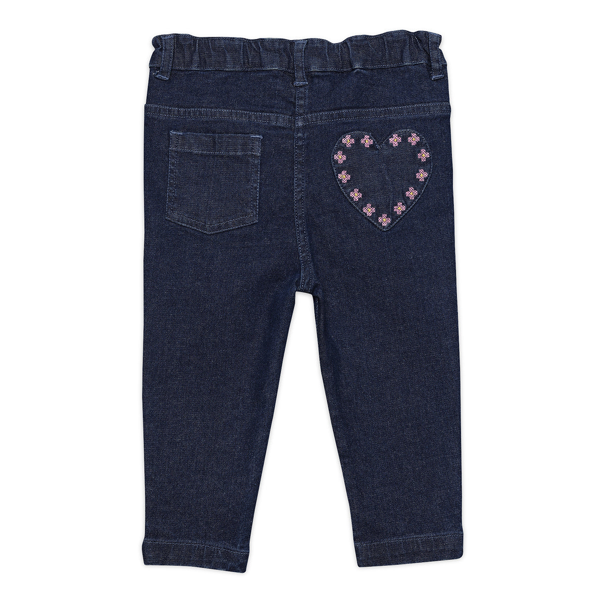 Baby Girls Solid Denim Pants with Heart Patch, Dark Blue