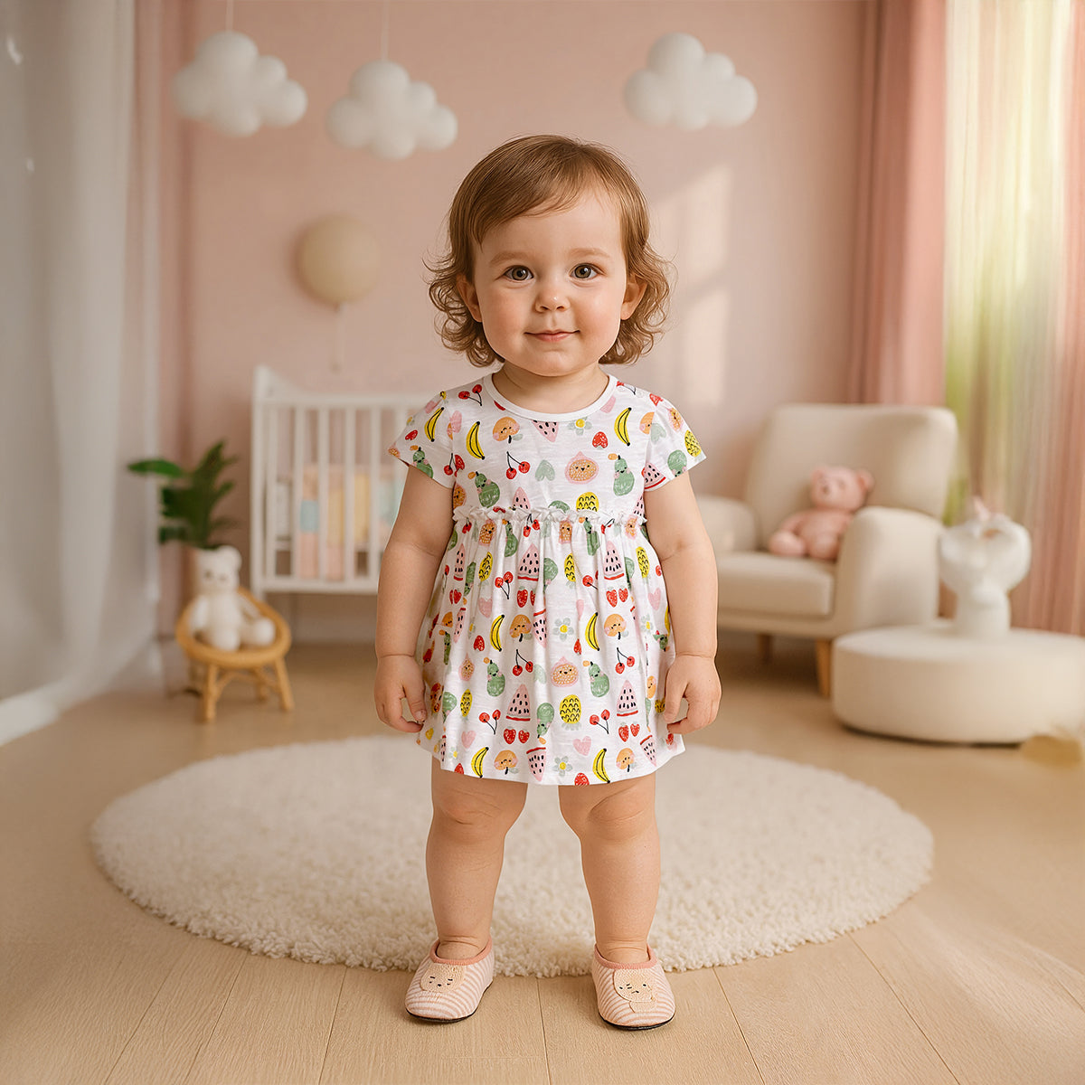 Baby Girls All-Over Fruit Print Dress, White