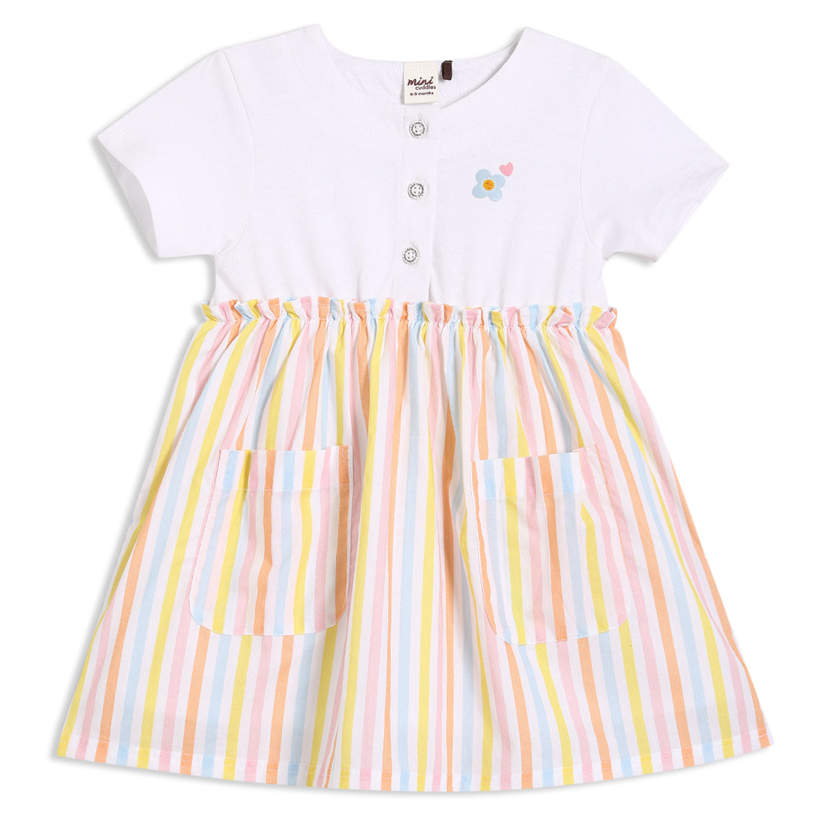 Baby Girls Striped Printed Dress with Knitted Bodice, Multicolor
