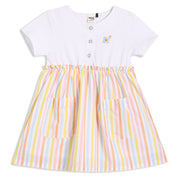 Baby Girls Striped Printed Dress with Knitted Bodice, Multicolor