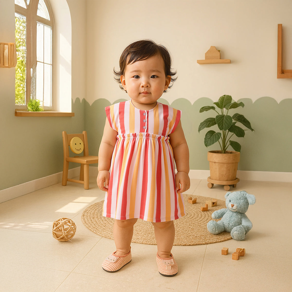 Baby Girls Multicolour Striped Button Front Dress