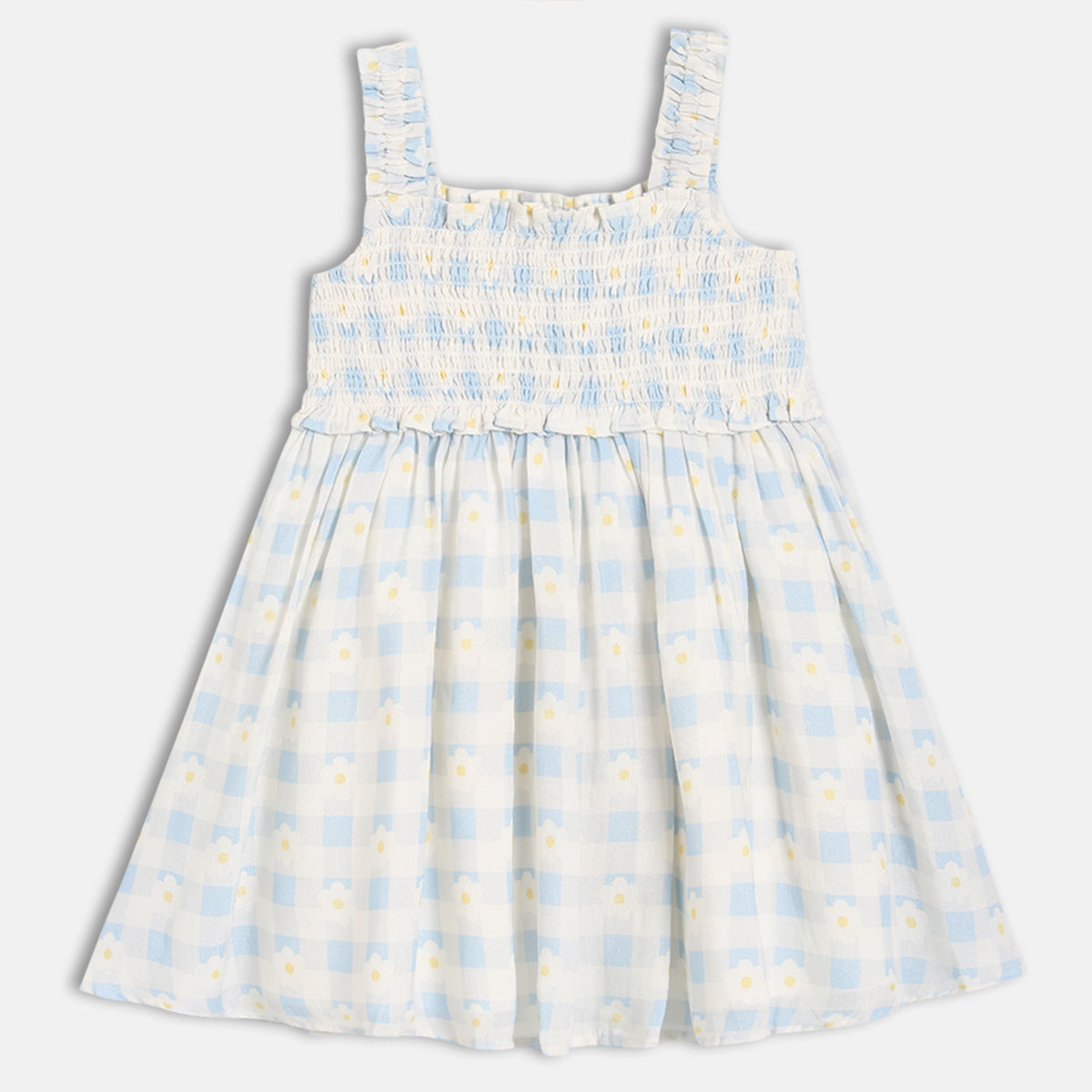 Girls Checked Dress With Smocked Bodice, Blue