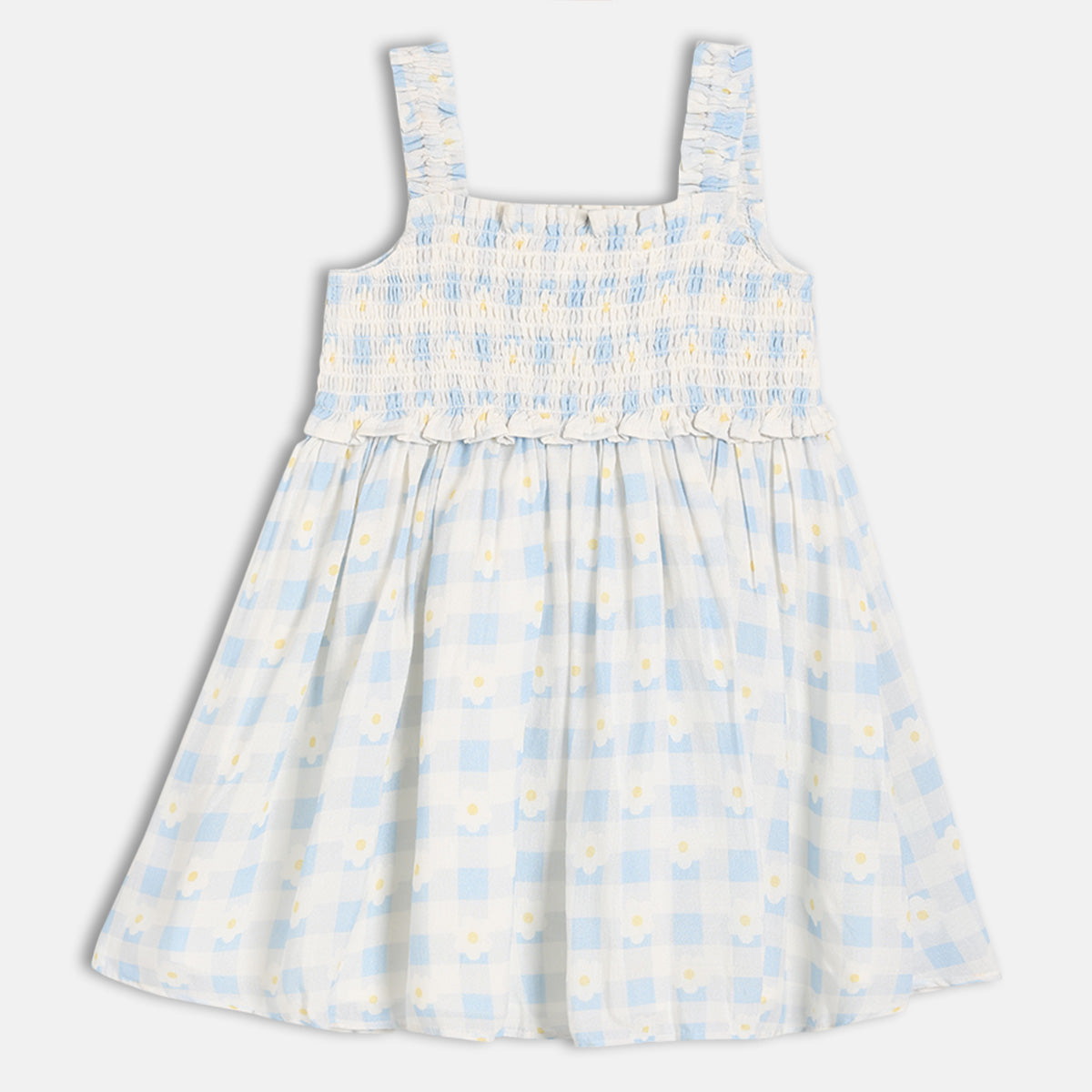 Girls Checked Dress With Smocked Bodice, Blue