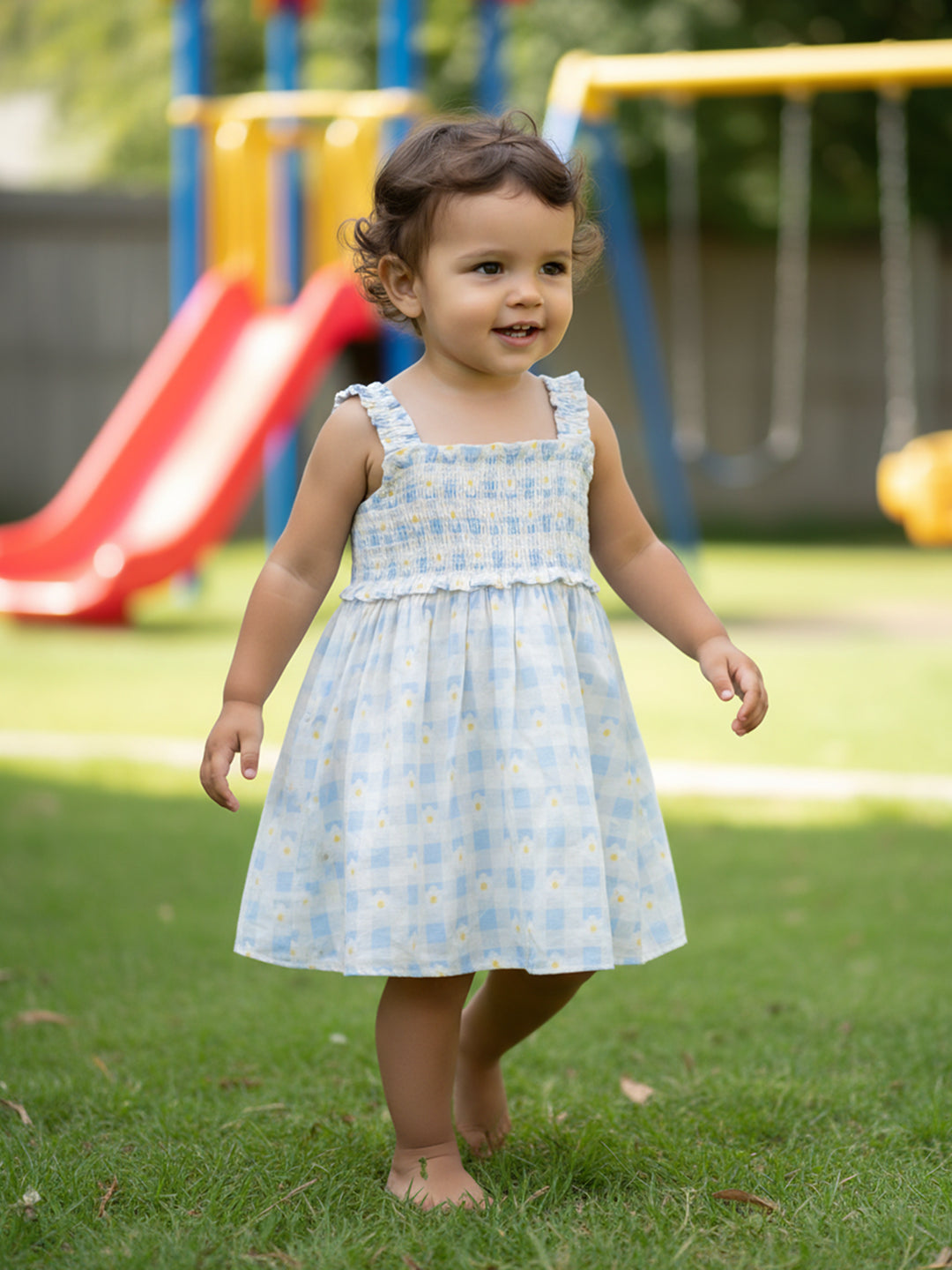 Girls Checked Dress With Smocked Bodice, Blue