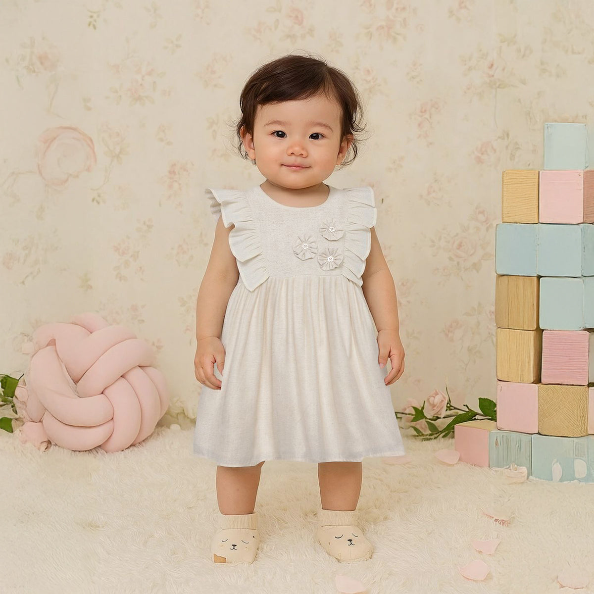 Girls Solid Sleeveless Dress, Beige