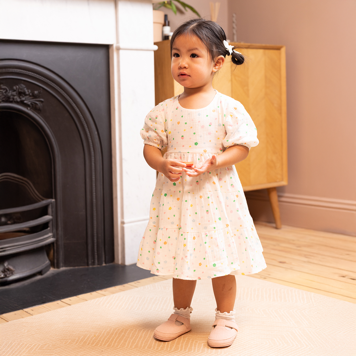 Baby Girls Floral Printed Tiered Dress, White