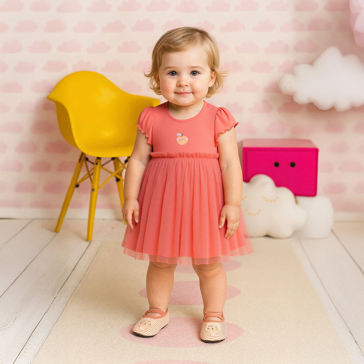 Baby Girls Peach Print Tulle Overlay Dress, Coral