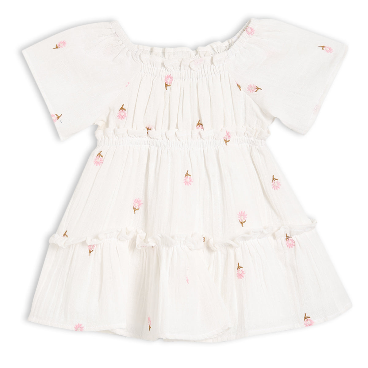 Baby Girls Tiered Dress with Floral Motif, Off White