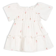 Baby Girls Tiered Dress with Floral Motif, Off White