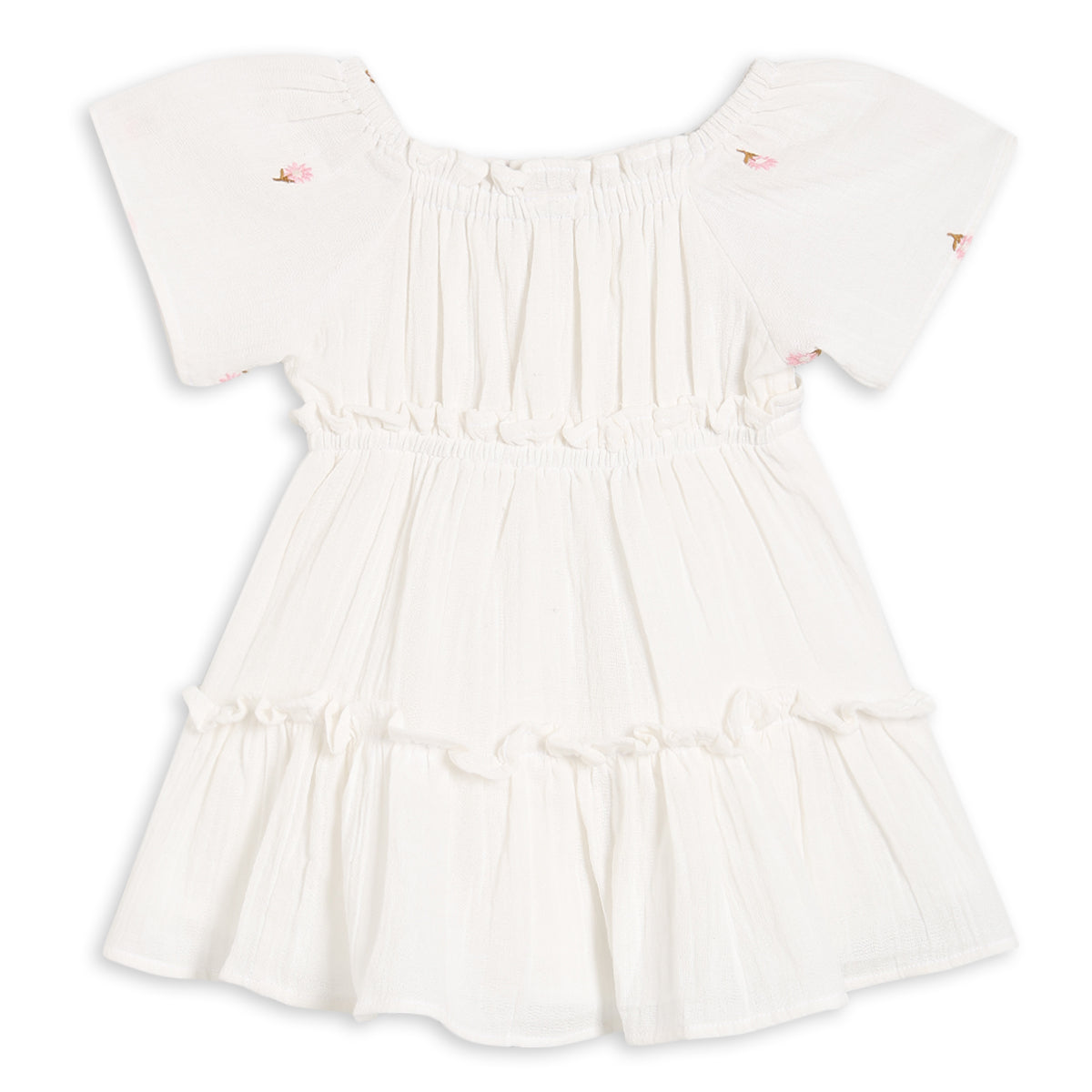 Baby Girls Tiered Dress with Floral Motif, Off White