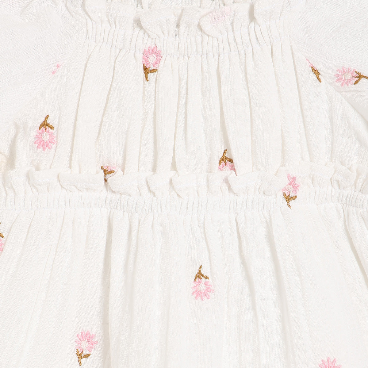 Baby Girls Tiered Dress with Floral Motif, Off White
