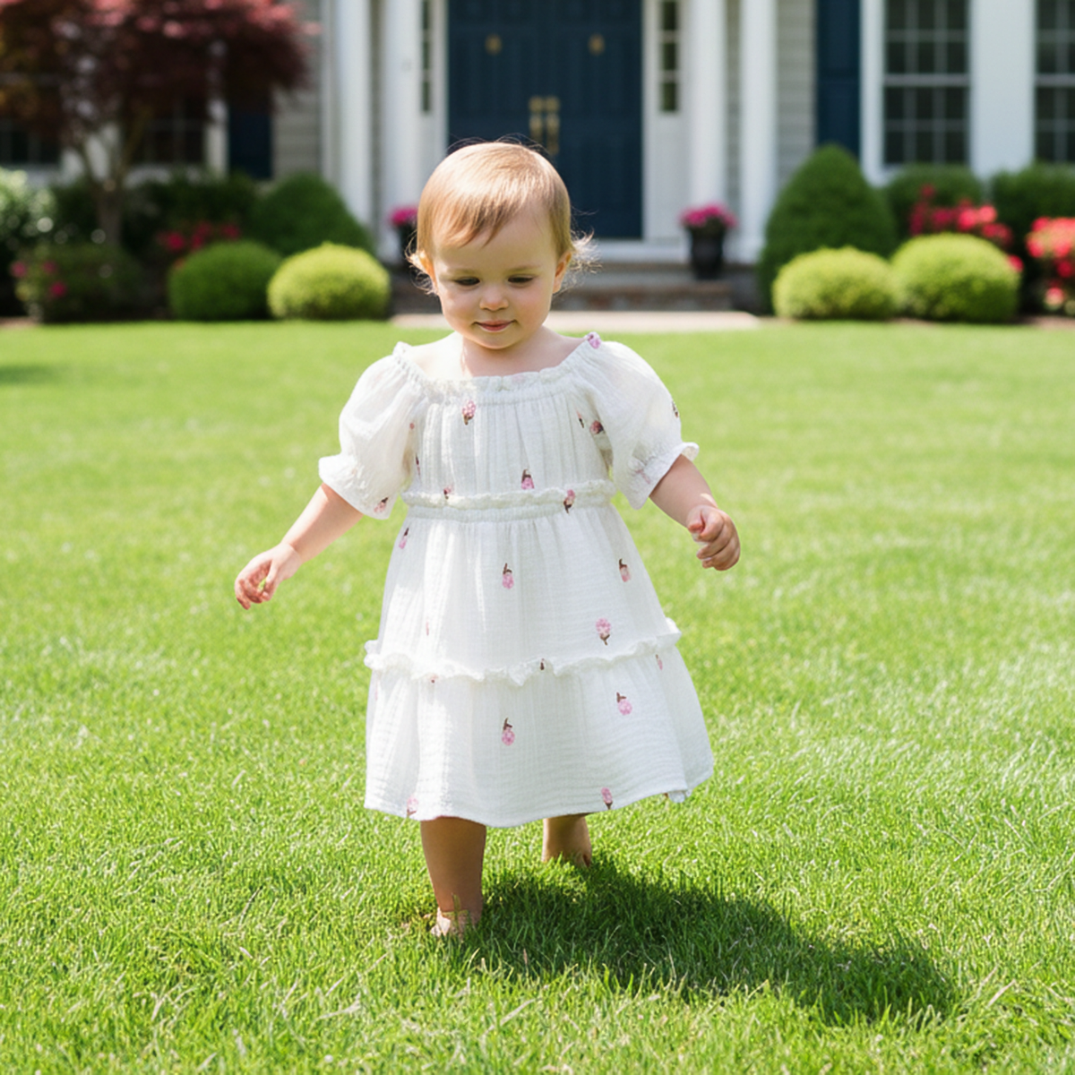 Baby Girls Tiered Dress with Floral Motif, Off White